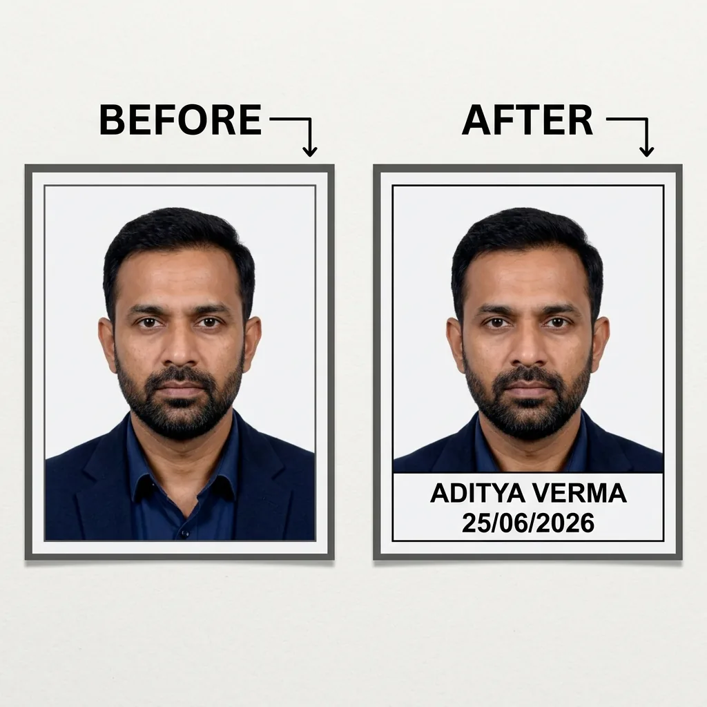Illustration comparing a plain portrait with one that has a candidate name and photography date in a strip below
