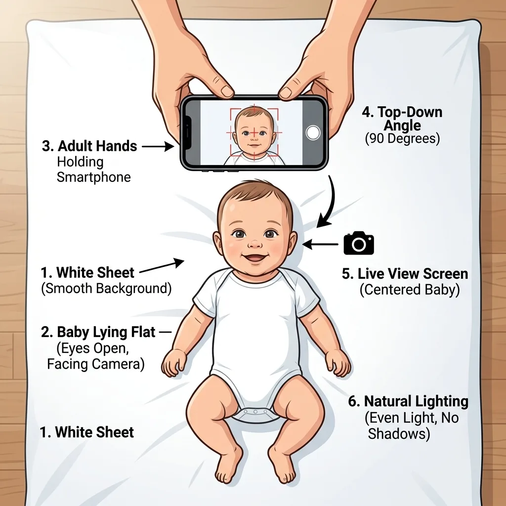 Illustrated diagram of the lay-down passport photo method for babies: white sheet, baby lying flat facing up, adult holding smartphone directly above at 90 degrees