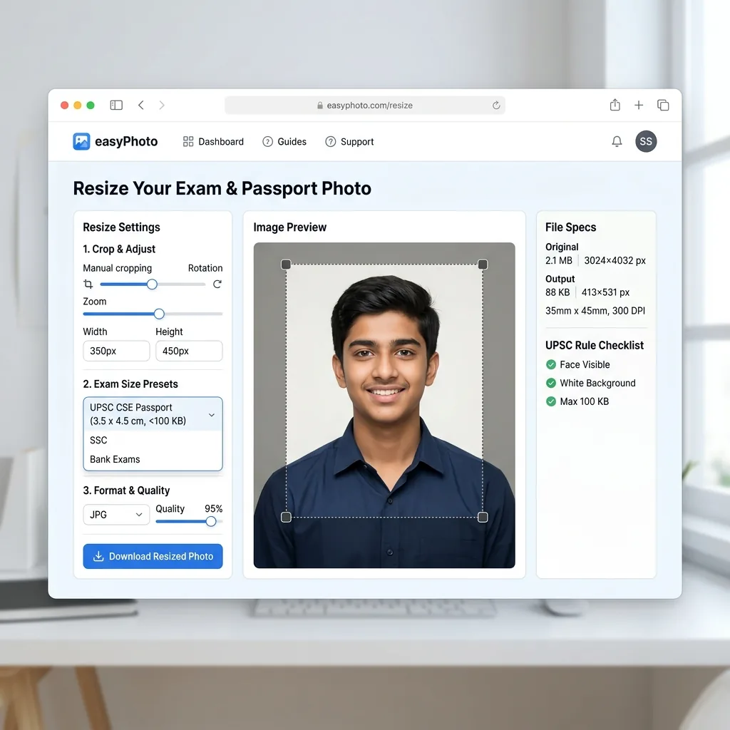 easyPhoto exam application tool interface with an exam preset and measurable output checks