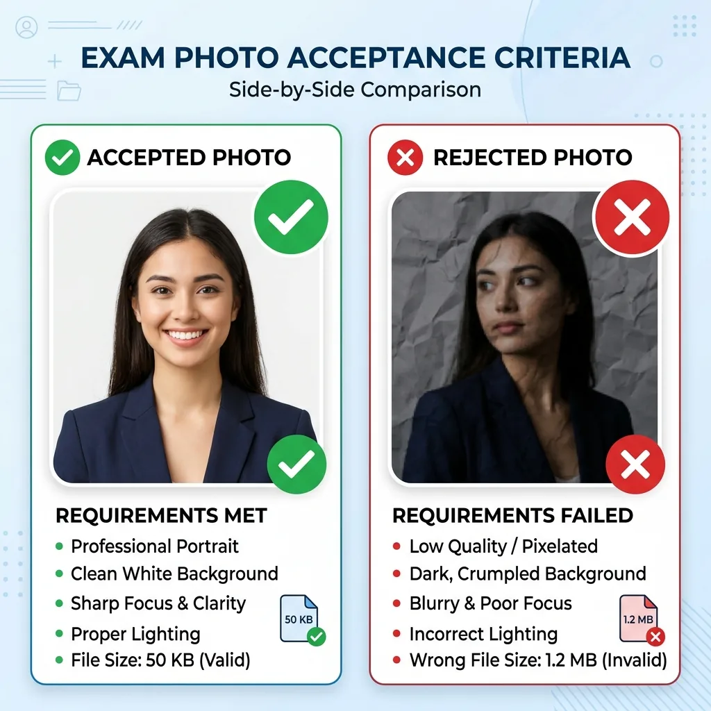 Prepared exam photo comparison showing a plain-background 50 KB example beside a dark-background oversized example